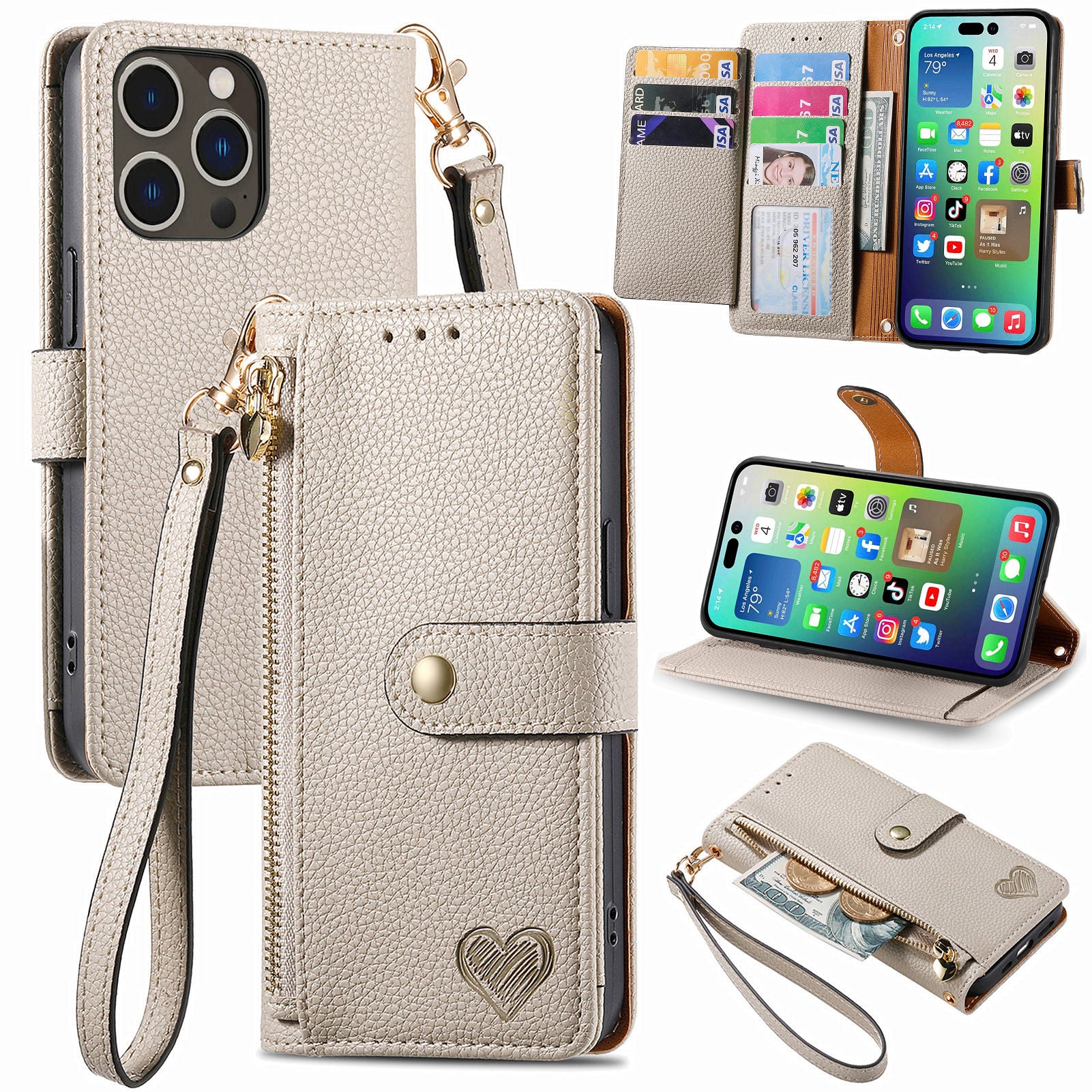 Leather Wallet Case for iPhone 14 Pro Max Zipper Pocket RFID Blocking Stand Phone Cover Leather Wallet Case for iPhone 14 Pro Max Zipper Pocket RFID Blocking Stand Phone Cover